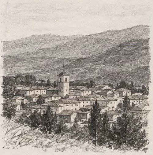 Dibujo a plumilla de Prádena, con la torre de la iglesia y la sierra al fondo